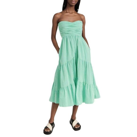 NEW Cinq a Sept Maurice Seersucker Tiered Midi Dress Cyan Lima Bean Cotton Sz 12 - Picture 1 of 6